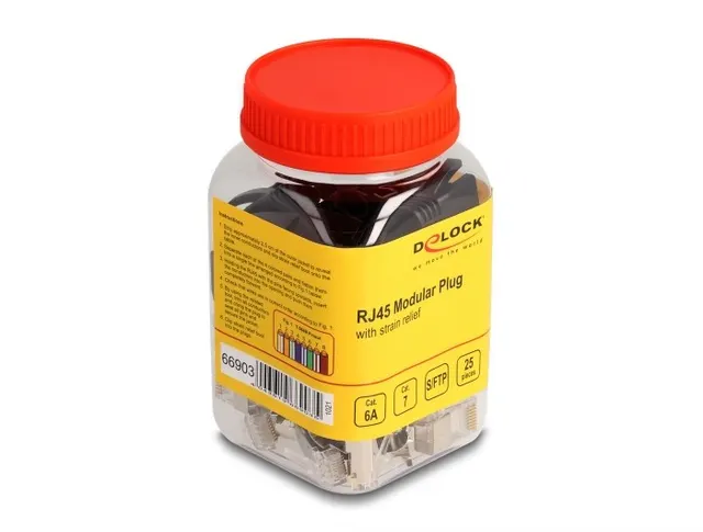DeLOCK Wtyczka modułowa RJ45 z odgiętką Cat.6A Cat.7 i nasadki przeciwzagięciowe zestaw 25 sztuk