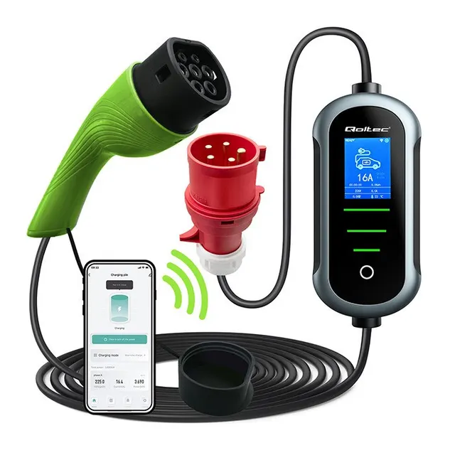 Qoltec Mobilna ładowarka do samochodu elektrycznego EV i hybryd z regulacją 2w1 Typ2, 22kW, 400V, CEE 32A, Wi-fi, TUYA, SMART LIFE, LCD, Przenośna, Wallbox, 7m