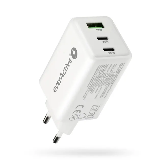 EVERACTIVE ŁADOWARKA SIECIOWA GAN 1 X USB 2 X USB-C QUICK CHARGE 4+ 65W BIAŁA SC-655Q