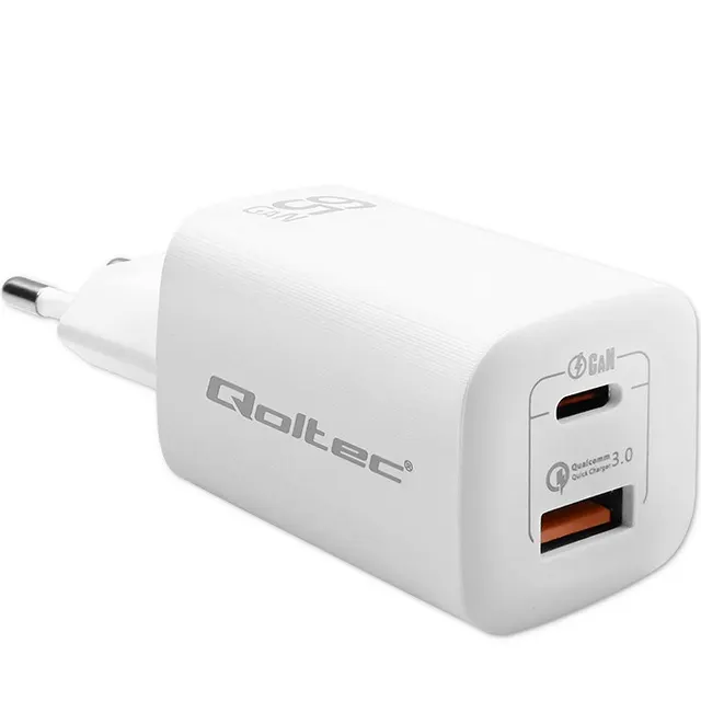 QOLTEC ŁADOWARKA SIECIOWA 65W GAN ULTRA, 5-20V, 2.25-3.25A, 1 X USB TYP C PD, 1 X USB QC 3.0, BIAŁA