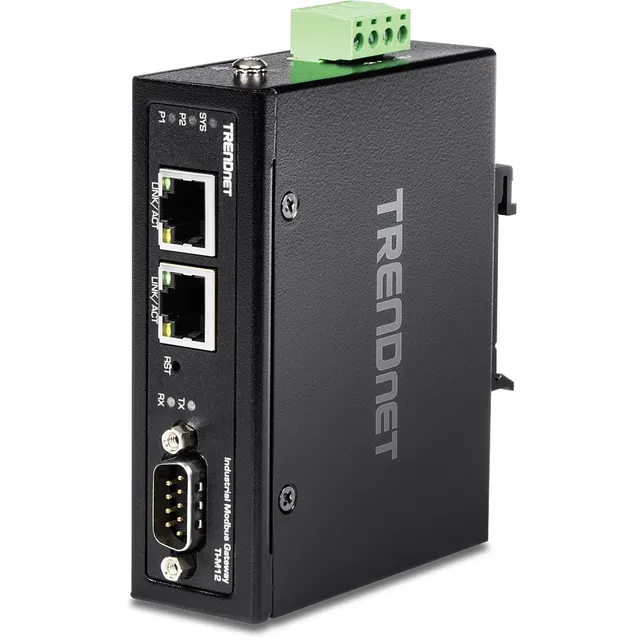 Brama przemysłowa TRENDnet TI-M12 - 100Mb LAN RS-232 RS-485 Modbus RS-442 - DC - Możliwość montażu na ścianie / szynie DIN - Zgodny z TAA