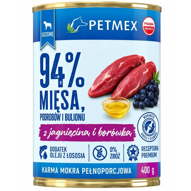 Petmex z jagnięciną i borówkami dla szczeniąt 400g