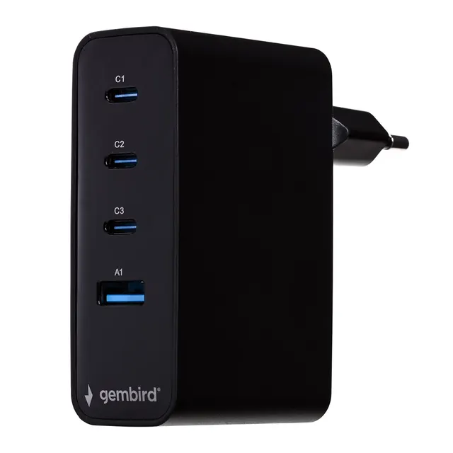 GEMBIRD 4-PORTOWA SZYBKA ŁADOWARKA SIECIOWA GAN (PD) USB (3X USB-A + 1X USB TYP-C) 100W CZARNA