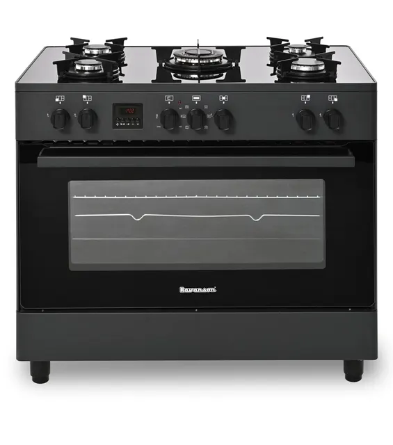Kuchnia gazowo-elektryczna RAVANSON KWGE-K90 Glass Black, 5 palników + palnik WOK, termoobieg, szklany front, czarny