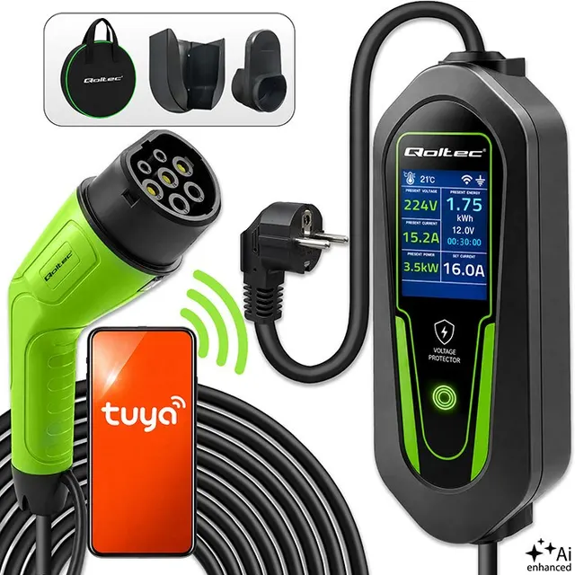 Qoltec Ładowarka do samochodu elektrycznego EV i hybryd z regulacją 2w1 Typ2, 3.5kW, 230V, SCHUKO 16A, Wi-Fi, Tuya, Smart life, LCD, Certyfikat TÜV, 5m