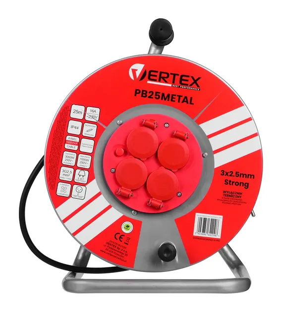 Przedłużacz elektryczny bębnowy 25M VERTEX 3x2 5mm PB25METAL czarny