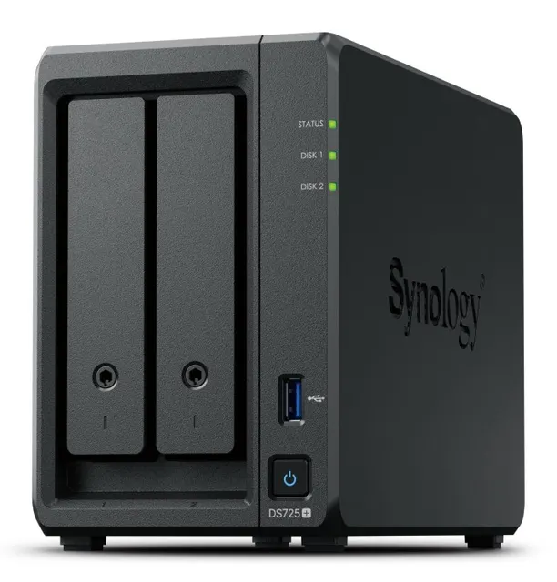 NAS Synology DS725+ Tower 2x 2.5 /3.5 SATA + 2x M.2 2280 NVMe SSD; AMD Ryzen R1600; 4GB DDR4 (max.32GB) 1x 1GbE RJ-45 1x 2.5GbE RJ-45 1x USB 3.2 adapter 65W