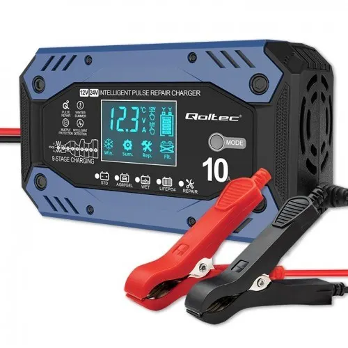 QOLTEC ŁADOWARKA DO AKUMULATORA STD AGM GEL LIFEPO4, PROSTOWNIK Z FUNKCJĄ NAPRAWY, 12-24V, 10A, LCD, 9-STOPNIOWE ŁADOWANIE