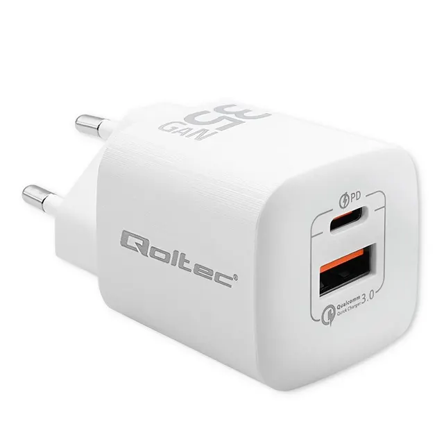 QOLTEC ŁADOWARKA SIECIOWA 35W GAN ULTRA, 5-20V, 2.25-3A, 1 X USB TYP C PD, 1 X USB, BIAŁA