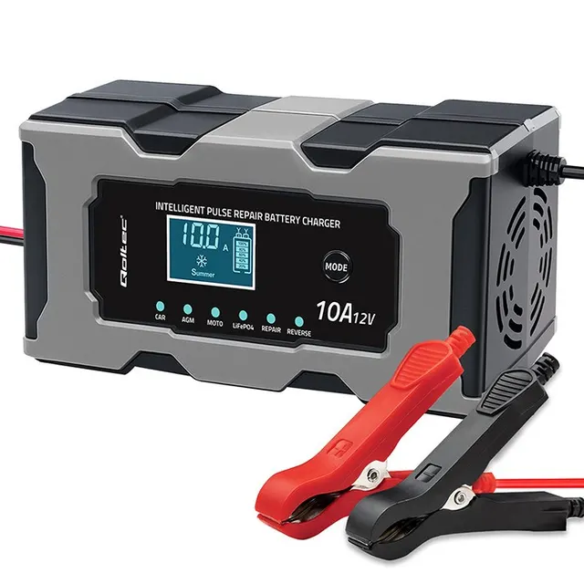 QOLTEC ŁADOWARKA 12V 10A, PROSTOWNIK Z FUNKCJĄ NAPRAWY DO AKUMULATORA AGM GEL LIFEPO4, LCD