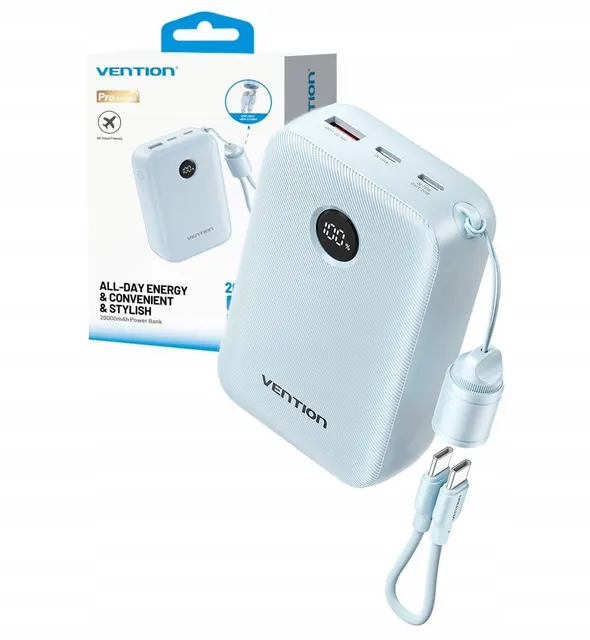 Powerbank Vention 20000mAh 2 x USB-C 1x USB-A z wyświetlaczem 22 5W niebieski