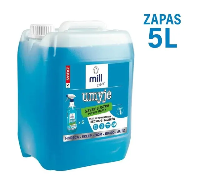 MILL CLEAN UMYJE 5 litrów. Płyn do mycia szyb luster glazury płytek. Usuwa kurz tłuste plamy nie pozostawiając smug.