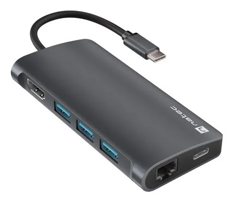 MULTIPORT ADAPTER NATEC FOWLER 2 V2 USB-C 8W1 HUB ->USB 3.0 3X HDMI 4K USB-C RJ45 SD MICRO SD