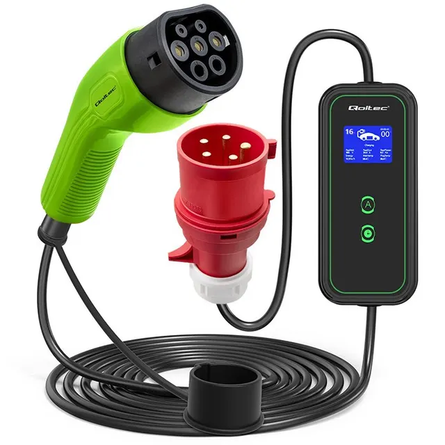 Qoltec Mobilna ładowarka do samochodu elektrycznego EV z regulacją 2w1 Typ2, 11kW, CEE 5 PIN, LCD, 3 fazy, Przenośna, Wallbox, 5m