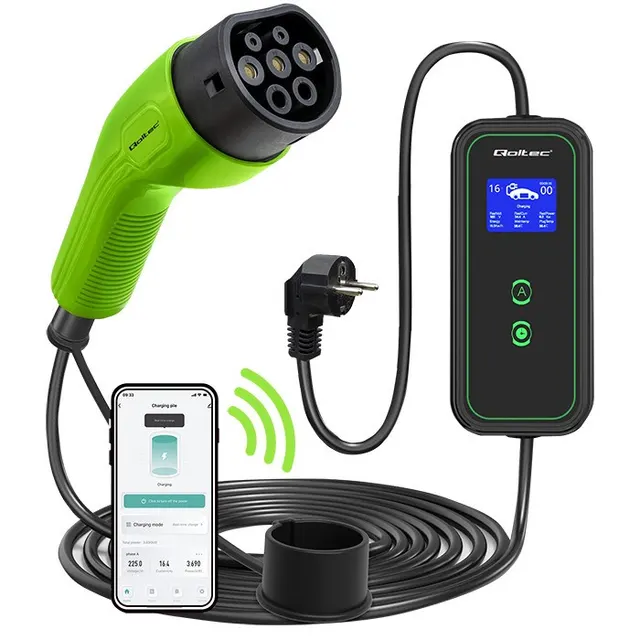 Qoltec 52476 Mobilna ładowarka do samochodu elektrycznego EV z regulacją 2w1 Typ2, 3.5kW, 230V, Wi-fi, LCD, Przenośna, Wallbox, 5m