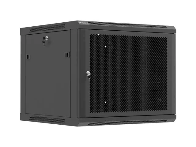 Szafa instalacyjna rack wisząca 19 9U 600x600 czarna drzwi perforowane Lanberg (flat pack)