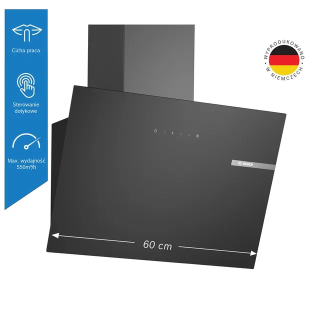 Okap kominowy BOSCH DWK65DK60 Serie 2 60 cm, 550 m3/h, TouchControl, LED, czarny