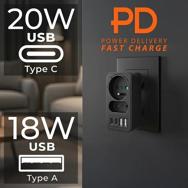 MACLEAN GNIAZDKO PRĄDOWE X2 + 4XUSB ROZGAŁĘŹNIK Z 2 GNIAZDAMI 2XUSB A 2XUSB C PD 20W 1X16A + 1X6A MCE249 F/B