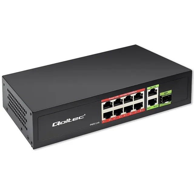 Qoltec Przełącznik sieciowy SWITCH FAST Ethernet PoE 8x RJ45 PoE 2x RJ45 Uplink 1x SFP, 120W, 1000 Mb/s