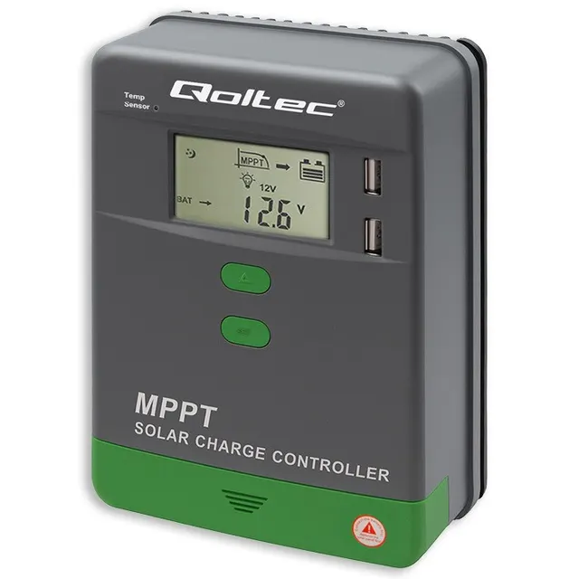 Qoltec Solarny regulator ładowania MPPT z czujnikiem temperatury 20A, 12V / 24V, LCD, 2 x USB, GEL, LiFePO4