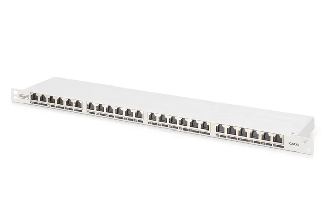 Panel krosowy high density 19'' 24x RJ45 LSA poziom kat.6A ekranowany 0.5U szary prowadnica kabli
