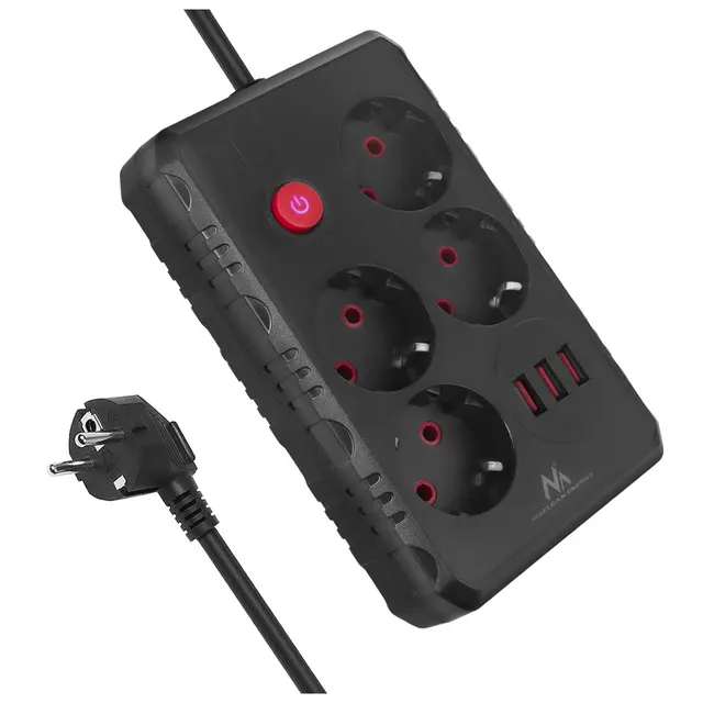 MACLEAN LISTWA ZASILAJĄCA PRZEDŁUŻACZ 4 GNIAZDA + 3XUSB 110-240V AC 50/60HZ 2.1A MAX 2500W 1 5M CZARNA MCE392 B