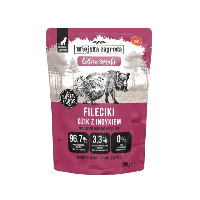 Wiejska Zagroda Karma mokra dla psa Fileciki Dzik z indykiem Leśne smaki (dorosły) 280g
