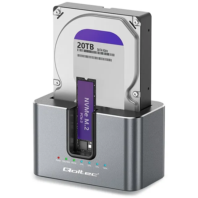 QOLTEC STACJA DOKUJĄCA HDD SSD, SATA, M.2 NVME, KLONOWANIE, USB-C, 10GB/S