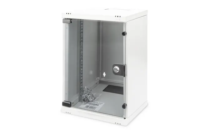 Szafa sieciowa wisząca 10 9U rack 312x300 drzwi szyba szary niedzielona złożona 30kg