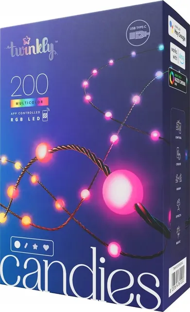Twinkly Candies – 200 Lampki w kształcie pereł RGB LEDs zielony przewód USB-C