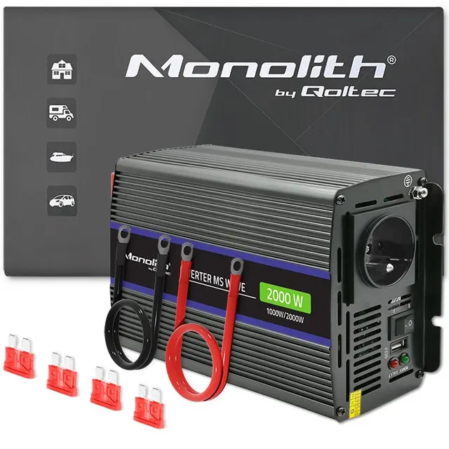 Qoltec Przetwornica napięcia Monolith 2000 MS Wave, 12V na 230V, 1000/2000W, USB