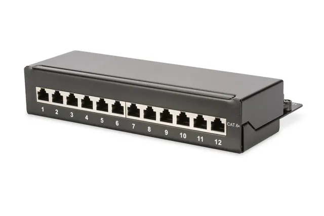 Digitus Panel krosowy desktop 12x RJ45 LSA poziom kat.6A ekranowany czarny prowadnica kabli