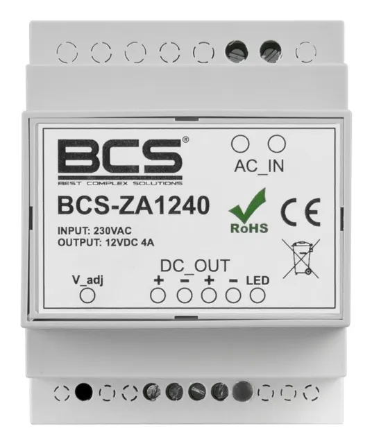 Zasilacz impulsowy BCS BCS-ZA1240 12V 4A z regulacją na szynie DIN