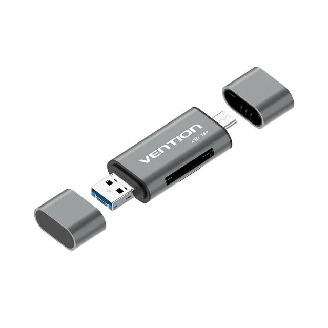Czytnik kart SD / microSD Vention ze złączami USB 3.0 USB-C microSD szary