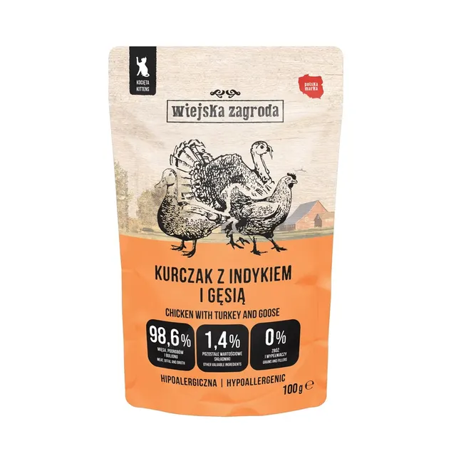 Wiejska Zagroda Karma mokra dla kota Kurczak z indykiem i gęsią (kociak) 100g
