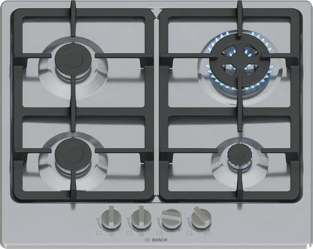 Płyta gazowa Bosch PGH6B5K90 Serie 4 60 cm, 4 palniki, palnik WOK, zapłon elektryczny, stal nierdzewna