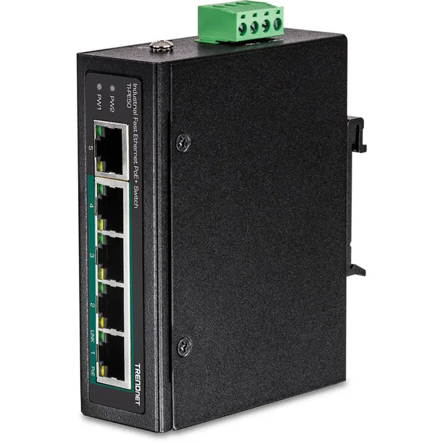 Switch TRENDnet TI-PE50 - niezarządzalny - 4 x 10/100 (PoE+) + 1 x 10/100 - możliwość montażu na szynie DIN montaż na ścianie - PoE+ (90 W) - DC
