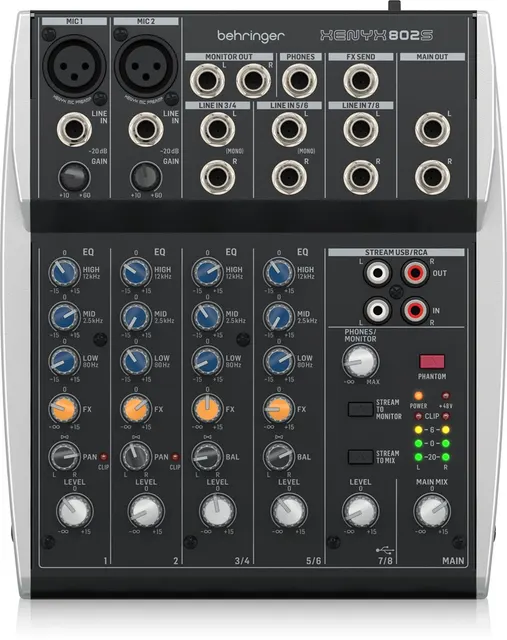 Behringer 802S - 8-kanałowy kompaktowy mikser analogowy z interfejsem USB zaprojektowany specjalnie do obsługi podcastów streamowania oraz nagrywania w domu