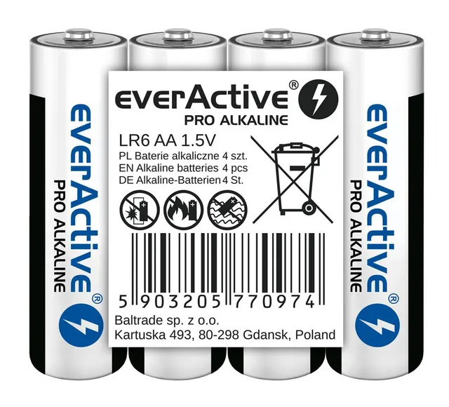 EVERACTIVE BATERIE ALKALICZNE PRO ALKALINE AA LR6 SHRINK 4 SZT 1250 MAH WYSOKA WYDAJNOŚĆ LR6PRO4T