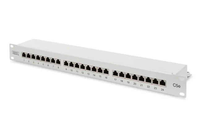 Digitus Panel krosowy (patch panel) 19'' 24x RJ45 LSA poziom kat.5e ekranowany 1U szary prowadnica kabli