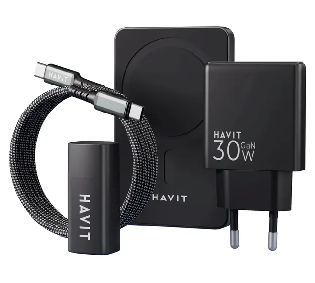 Zestaw do ładowania Havit: Power Bank PB5216 5000 mAh magnetyczny kabel USB-C do USB-C i ultra cienka ładowarka UC128 o mocy 30W (porty A+C)