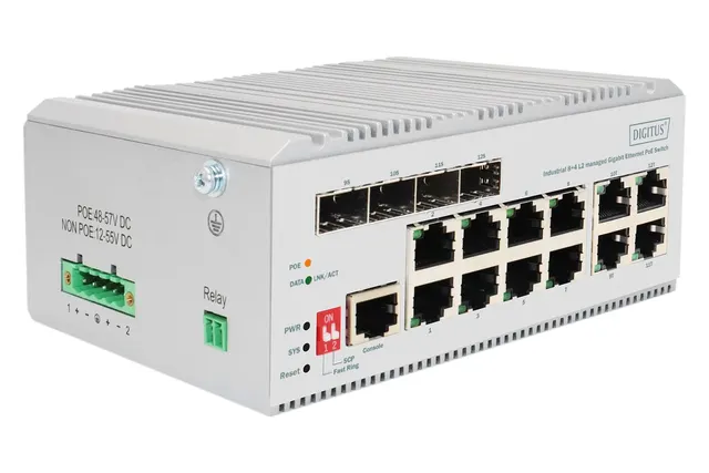 Digitus 8-portowy przełącznik sieciowy Gigabit Ethernet PoE przemysłowy zarządzany L2 4 SFP Uplink