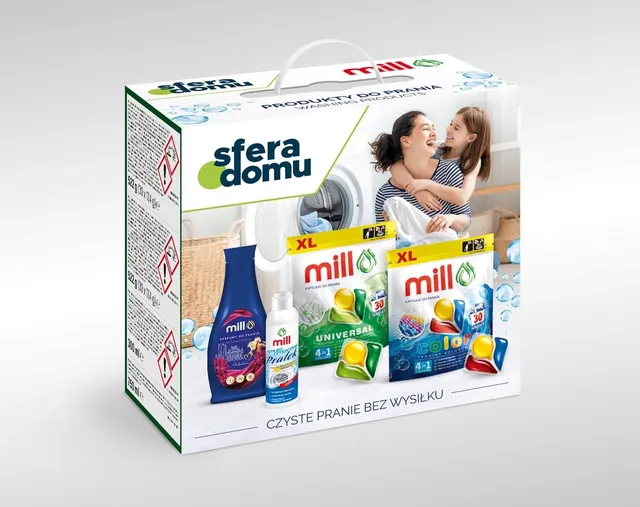 Zestaw środków do pralek Mill – kapsułki 2×30 szt. + perfumy do tkanin 750 ml + płyn do pralek 300 ml