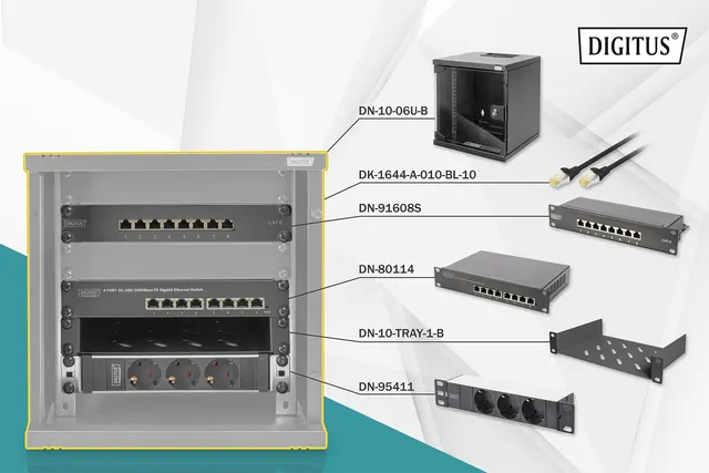 Zestaw sieciowy 10 : szafa wisząca 6U półka listwa zasilająca 8-port switch panel kat.6 czarny