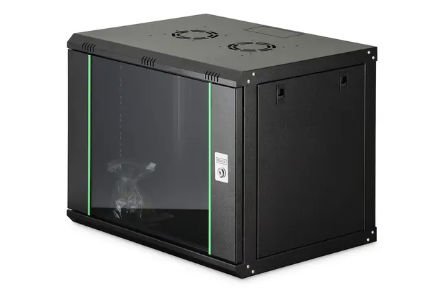 Szafa sieciowa wisząca DYNAmic 19 9U rack 600x450 drzwi szyba czarny niedzielona złożona 60kg