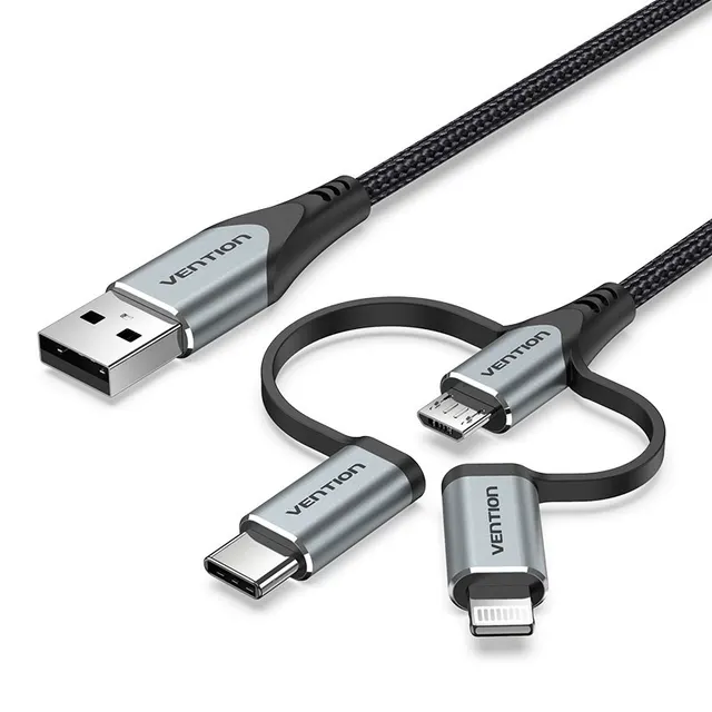 Kabel Vention USB-A 3w1 Micro-B USB-C Lightning 1m szary