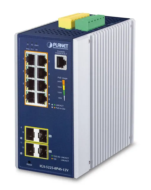 PLANET Industrial 8-Port GE PoE+ 2*1G SFP+ 2*2 5G SFP - 8-Port Zarządzany L2+ Gigabit Ethernet (10/100/1000) Obsługa PoE Aluminium Niebieski