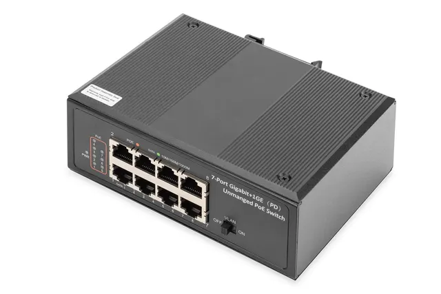 Switch przemysłowy 7-portowy Gigabit PoE+ z 1x PD IEEE802.3af/at DIN rail rozszerzony zakres temp.