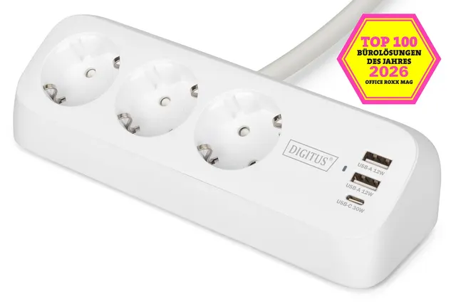 Digitus 3-drożna biurowa listwa zasilająca z 2 złączami USB-A i 1 złączem USB-C biała