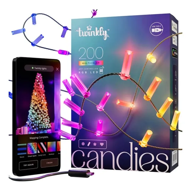 Twinkly Candies – 200 Lampki w kształcie świeczki RGB LEDs zielony przewód USB-C